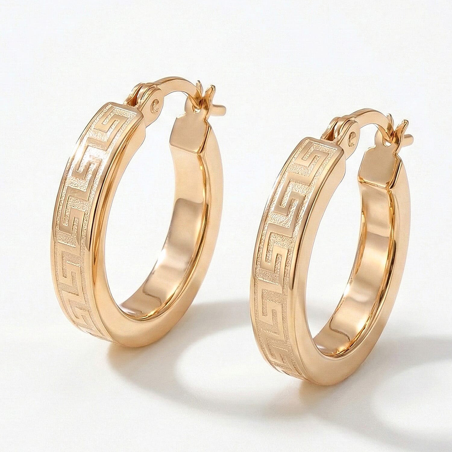 Close Out Deal - 9K Yellow Gold Greek Key Hoop Earring with Clasp