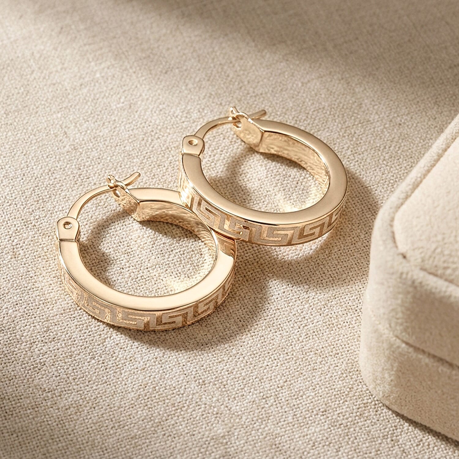 Close Out Deal - 9K Yellow Gold Greek Key Hoop Earring with Clasp