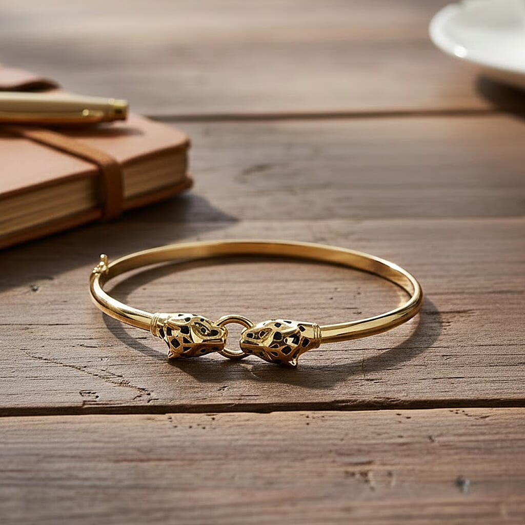 Biggest Designer Inspired Close Out - 9K Yellow Gold Enameled Panther Bangle (Size 7.5), Gold Wt. 8.50 Gms.