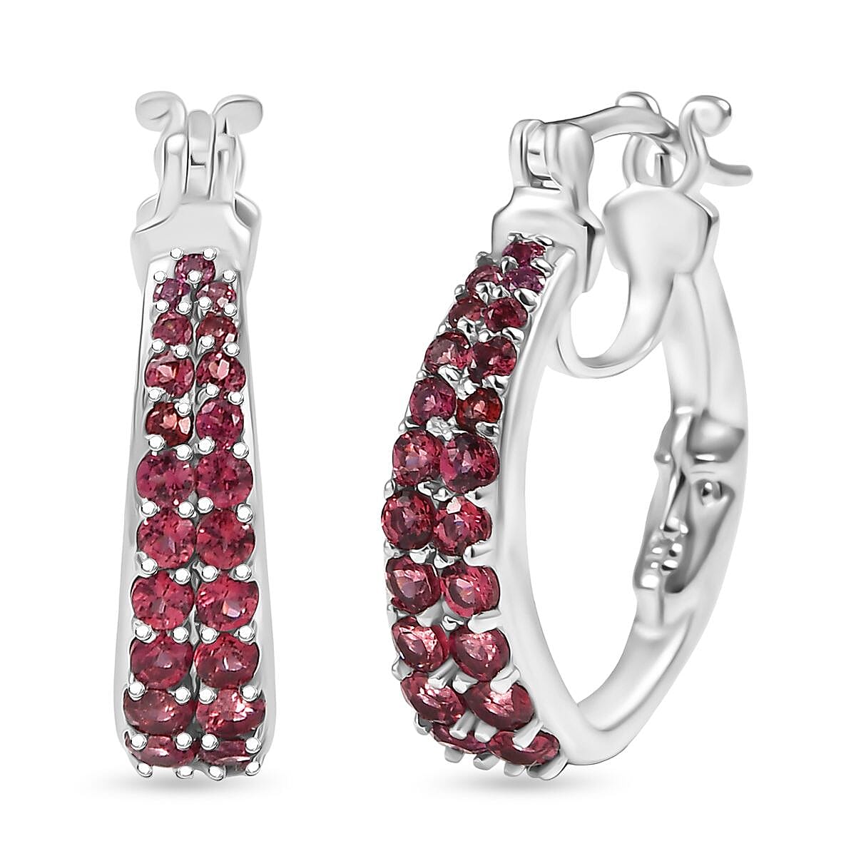 GP- Italian Garden Collection Orissa Rose Garnet, Blue Sapphire Full Hoop Earring in Rhodium Overlay Sterling Silver 2.36 Ct, Silver Wt. 7.53 Gms.