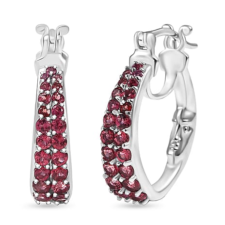 GP- Italian Garden Collection Orissa Rose Garnet, Blue Sapphire Full Hoop Earring in Rhodium Overlay Sterling Silver 2.36 Ct, Silver Wt. 7.53 Gms.