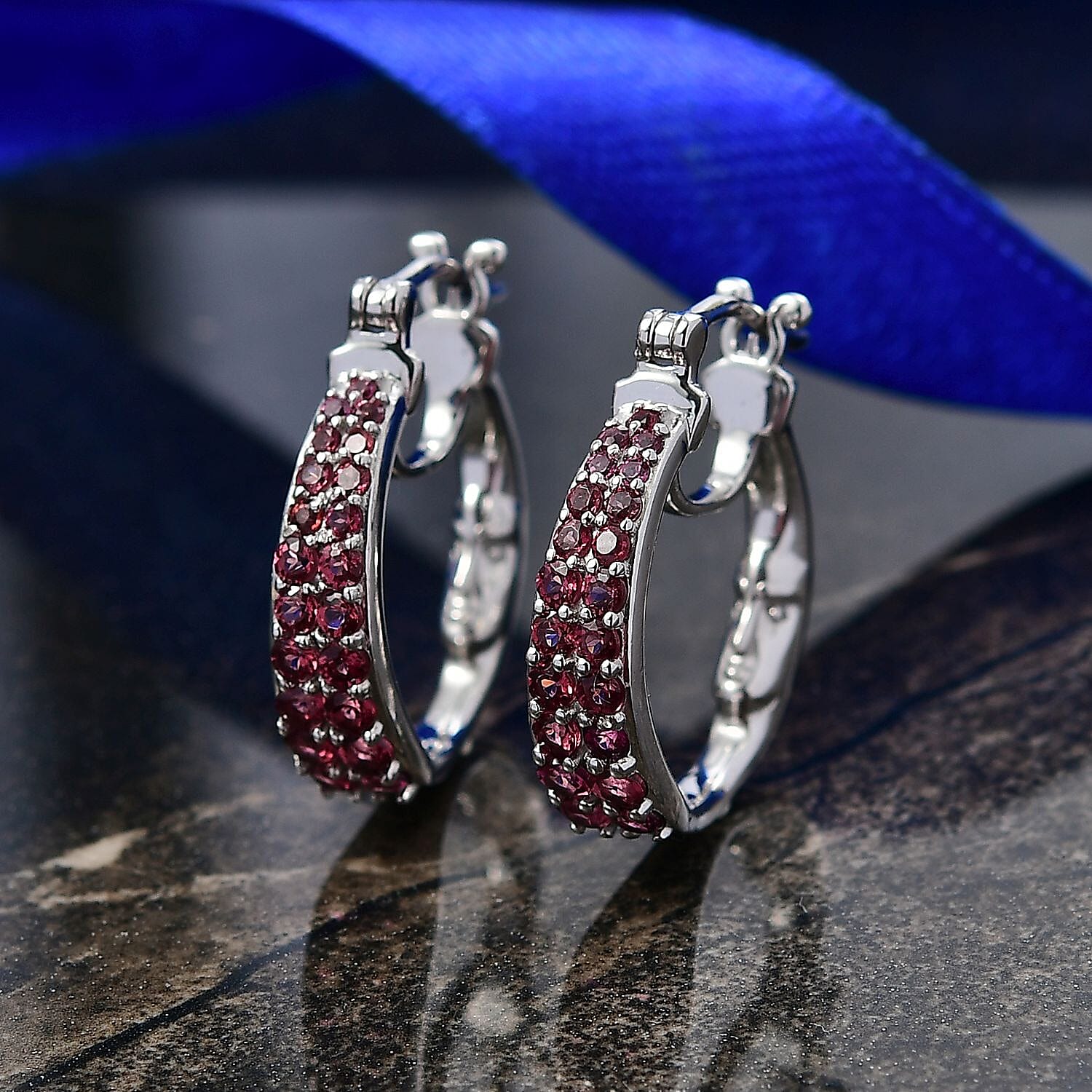 GP- Italian Garden Collection Orissa Rose Garnet, Blue Sapphire Full Hoop Earring in Rhodium Overlay Sterling Silver 2.36 Ct, Silver Wt. 7.53 Gms.