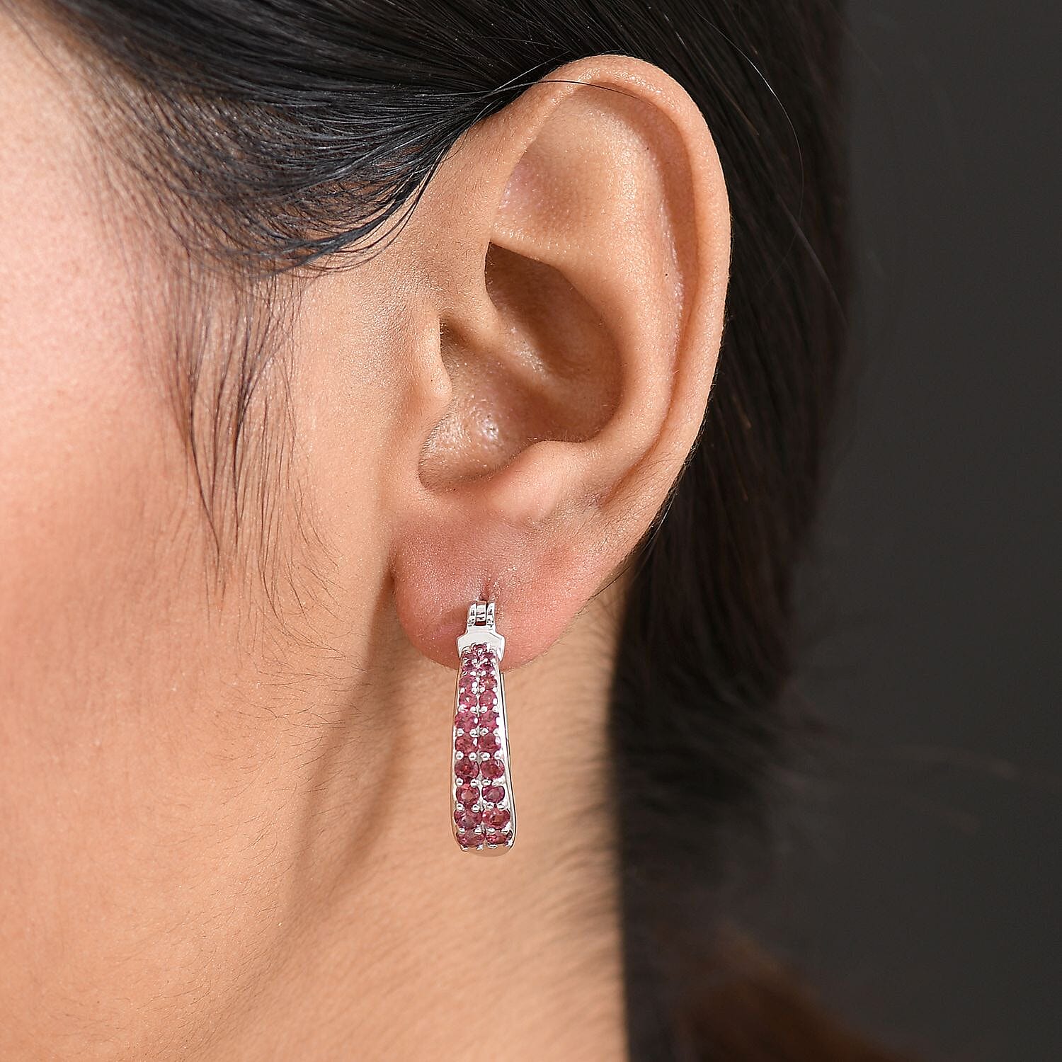 GP- Italian Garden Collection Orissa Rose Garnet, Blue Sapphire Full Hoop Earring in Rhodium Overlay Sterling Silver 2.36 Ct, Silver Wt. 7.53 Gms.