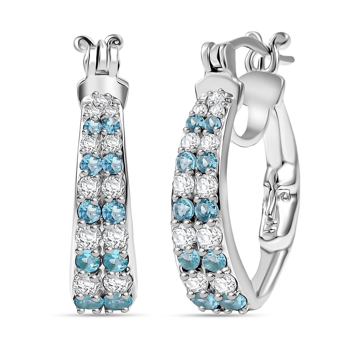 GP - Italian Garden Collection White Zircon & Blue Sapphire Full Hoop Earring in Rhodium Overlay Sterling Silver 2.13 Ct, Silver Wt. 7.42 Gms.