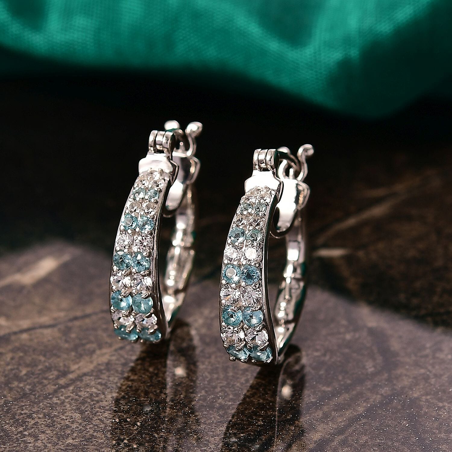 GP - Italian Garden Collection White Zircon & Blue Sapphire Full Hoop Earring in Rhodium Overlay Sterling Silver 2.13 Ct, Silver Wt. 7.42 Gms.