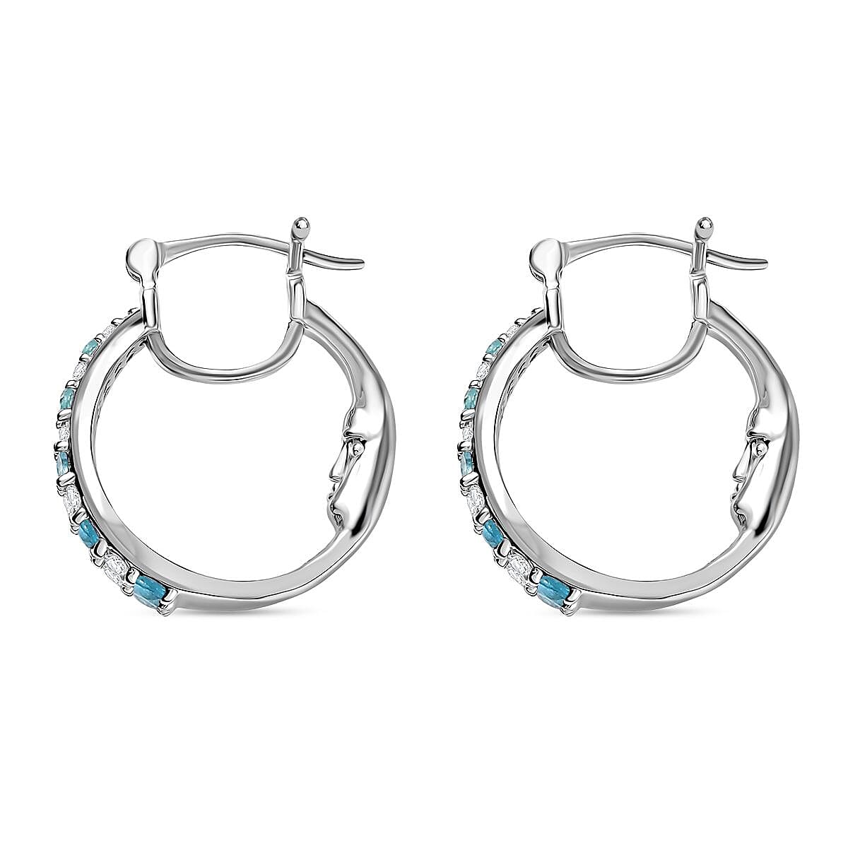 GP - Italian Garden Collection White Zircon & Blue Sapphire Full Hoop Earring in Rhodium Overlay Sterling Silver 2.13 Ct, Silver Wt. 7.42 Gms.