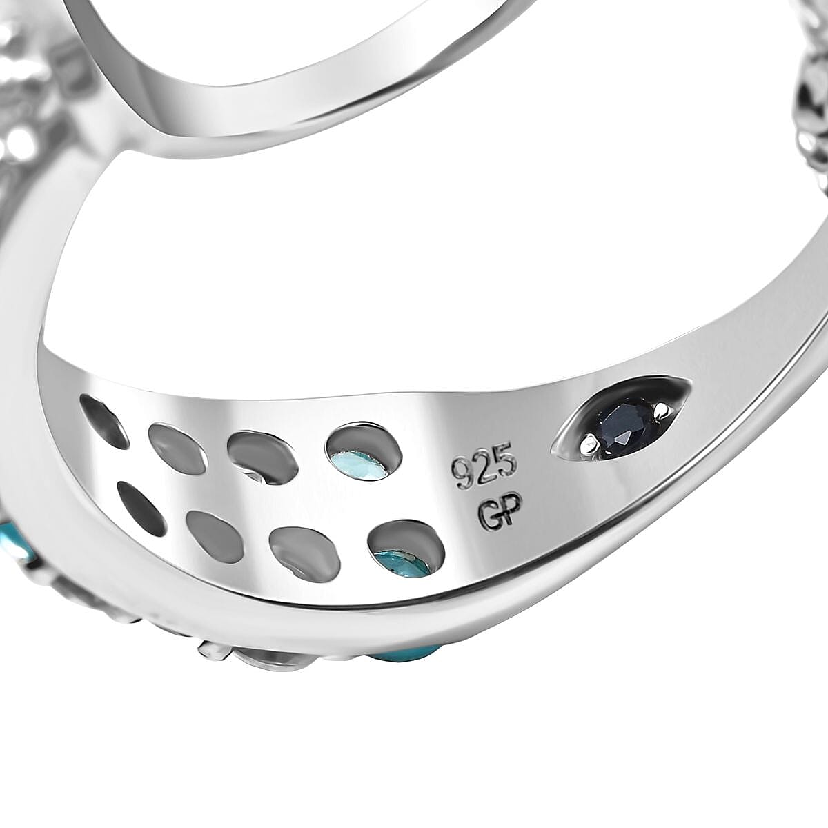 GP - Italian Garden Collection White Zircon & Blue Sapphire Full Hoop Earring in Rhodium Overlay Sterling Silver 2.13 Ct, Silver Wt. 7.42 Gms.