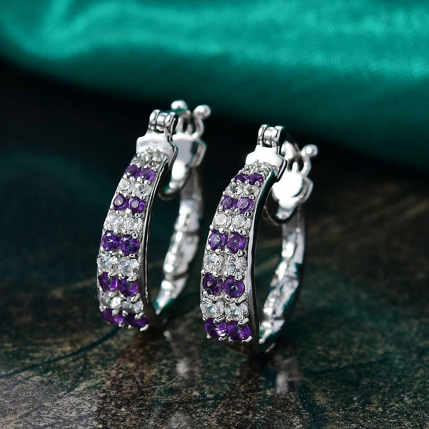 GP - Italian Garden Collection African Amethyst, Blue Sapphire & White Zircon Full Hoop Earring in Rhodium Overlay Sterling Silver 2.34 Ct, Silver Wt. 7.62 Gms.