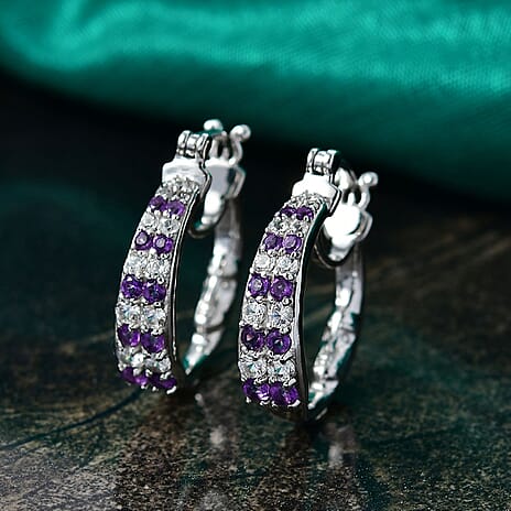 GP - Italian Garden Collection African Amethyst, Blue Sapphire & White Zircon Full Hoop Earring in Rhodium Overlay Sterling Silver 2.34 Ct, Silver Wt. 7.62 Gms.