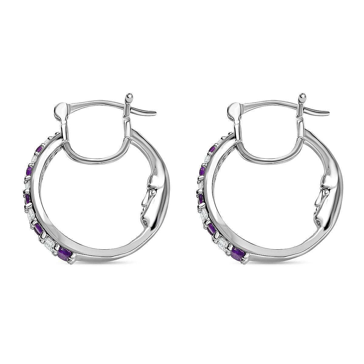 GP - Italian Garden Collection African Amethyst, Blue Sapphire & White Zircon Full Hoop Earring in Rhodium Overlay Sterling Silver 2.34 Ct, Silver Wt. 7.62 Gms.