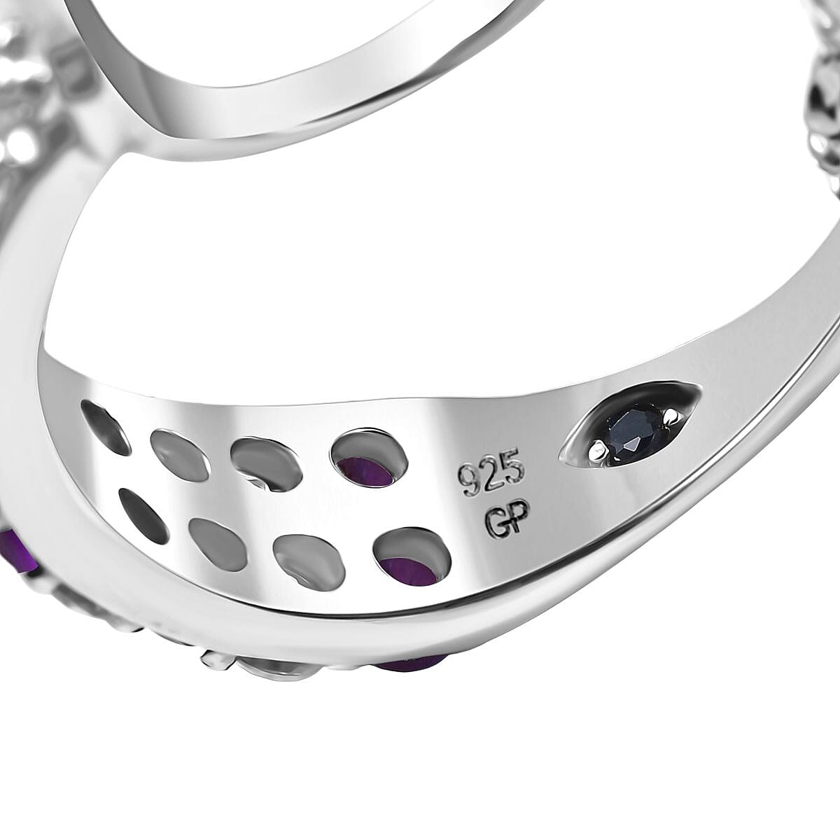 GP - Italian Garden Collection African Amethyst, Blue Sapphire & White Zircon Full Hoop Earring in Rhodium Overlay Sterling Silver 2.34 Ct, Silver Wt. 7.62 Gms.