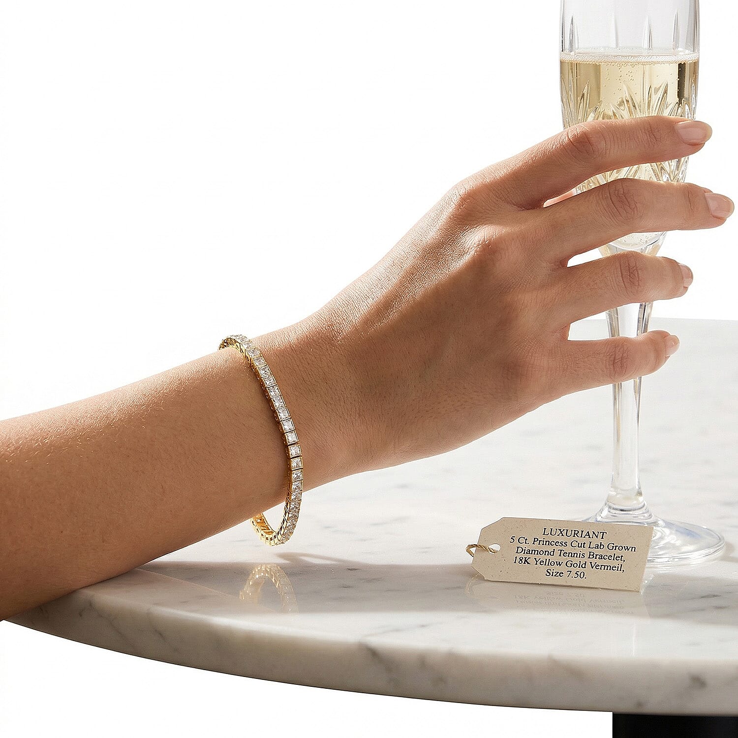 Luxuriant SGL Certified Princess Cut Lab Grown Diamond (VS-EF) Bracelet (Size - 7.50) in 18K Vermeil Yellow Gold Plated Sterling Silver 5.02 Ct, Silver Wt. 11.47 Gms.