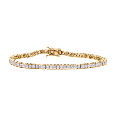 Luxuriant SGL Certified Princess Cut Lab Grown Diamond (VS-EF) Bracelet (Size - 7.50) in 18K Vermeil Yellow Gold Plated Sterling Silver 5.02 Ct, Silver Wt. 11.47 Gms.