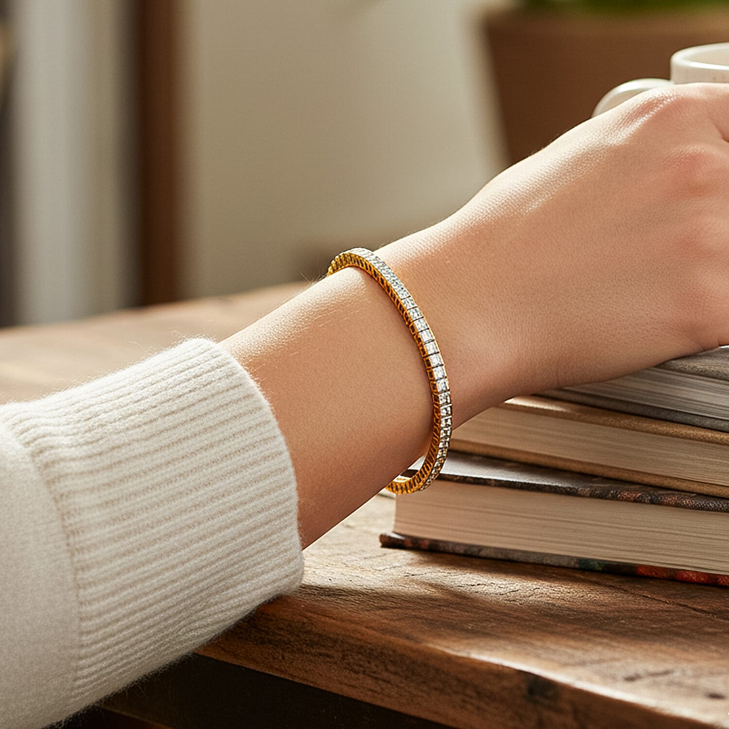 Luxuriant SGL Certified Princess Cut Lab Grown Diamond (VS-EF) Bracelet (Size - 7.50) in 18K Vermeil Yellow Gold Plated Sterling Silver 5.02 Ct, Silver Wt. 11.47 Gms.