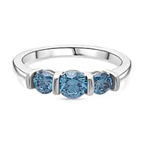 LUXURIANT 1 Ct. Lab Grown Blue Diamond 3-Stone Ring in Rhodium Overlay Sterling Silver (SI)
