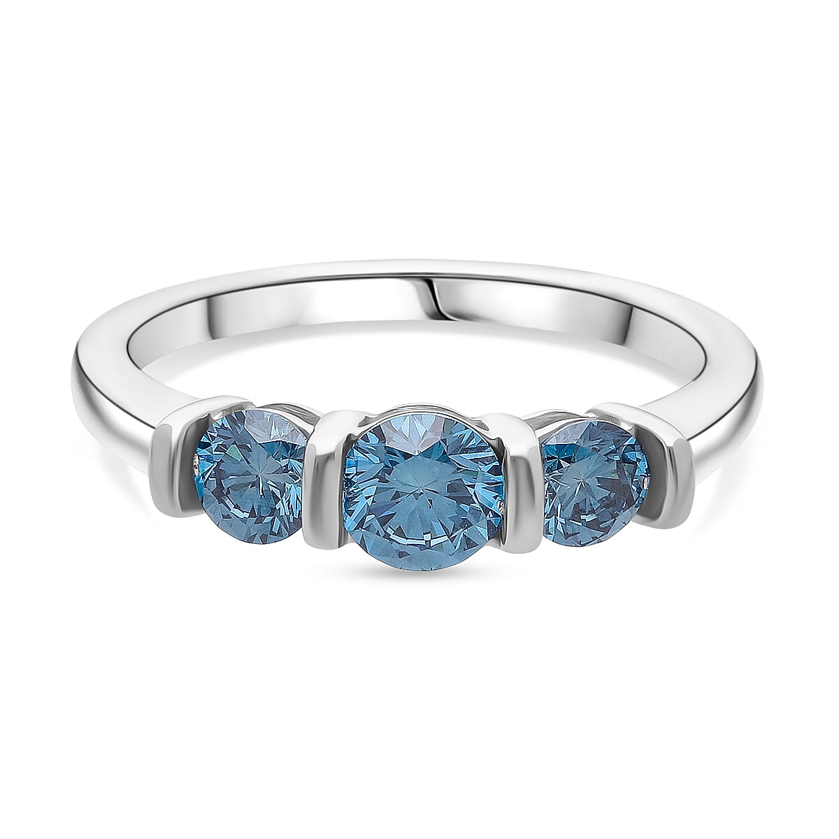 LUXURIANT 1 Ct. Lab Grown Blue Diamond 3-Stone Ring in Rhodium Overlay Sterling Silver (SI)