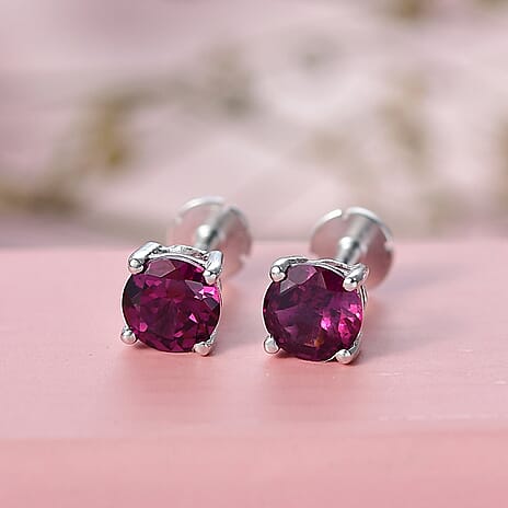 Rhodolite Garnet Earring with Screw Back in Rhodium Overlay Sterling Silver 1.26 Ct.