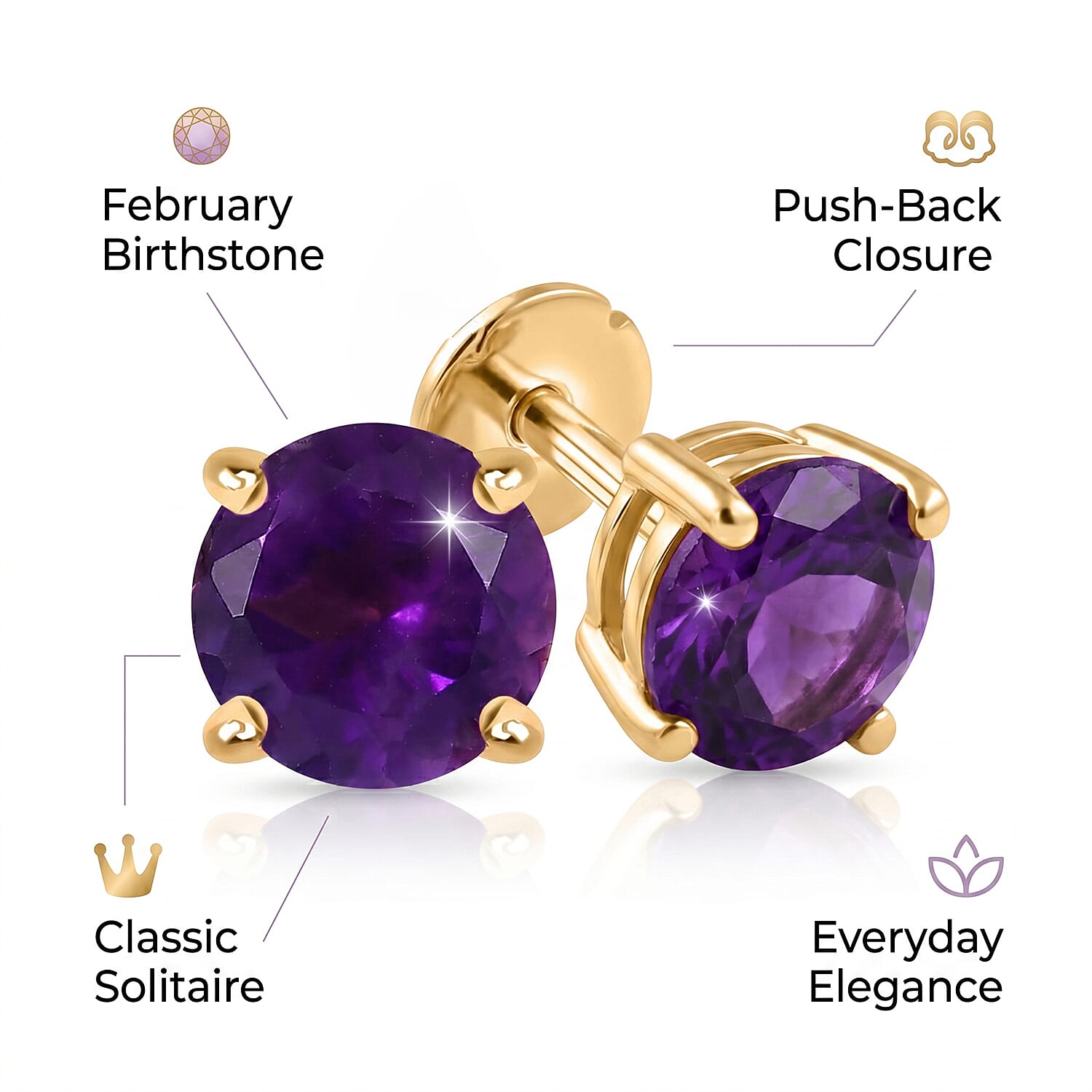 African Amethyst Earring with Screw Back in 18K Vermeil Yellow Gold Plated Sterling Silver