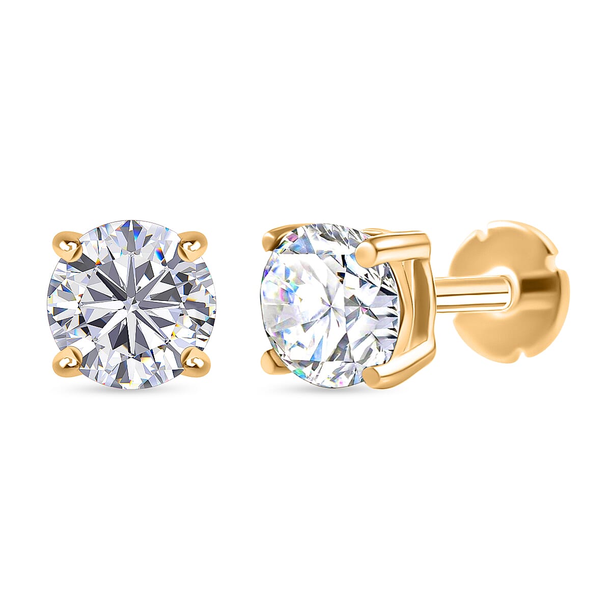 Moissanite Earring with Screw Back in 18K Vermeil Yellow Gold Plated Sterling Silver