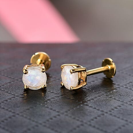Rainbow Moonstone Earring with Screw Back in 18K Vermeil Yellow Gold Plated Sterling Silver 1.04 Ct.