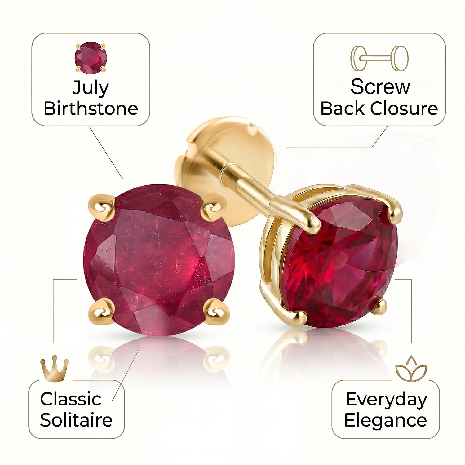 African Ruby Earring with Screw Back in 18K Vermeil Yellow Gold Plated Sterling Silver 1.46 Ct.
