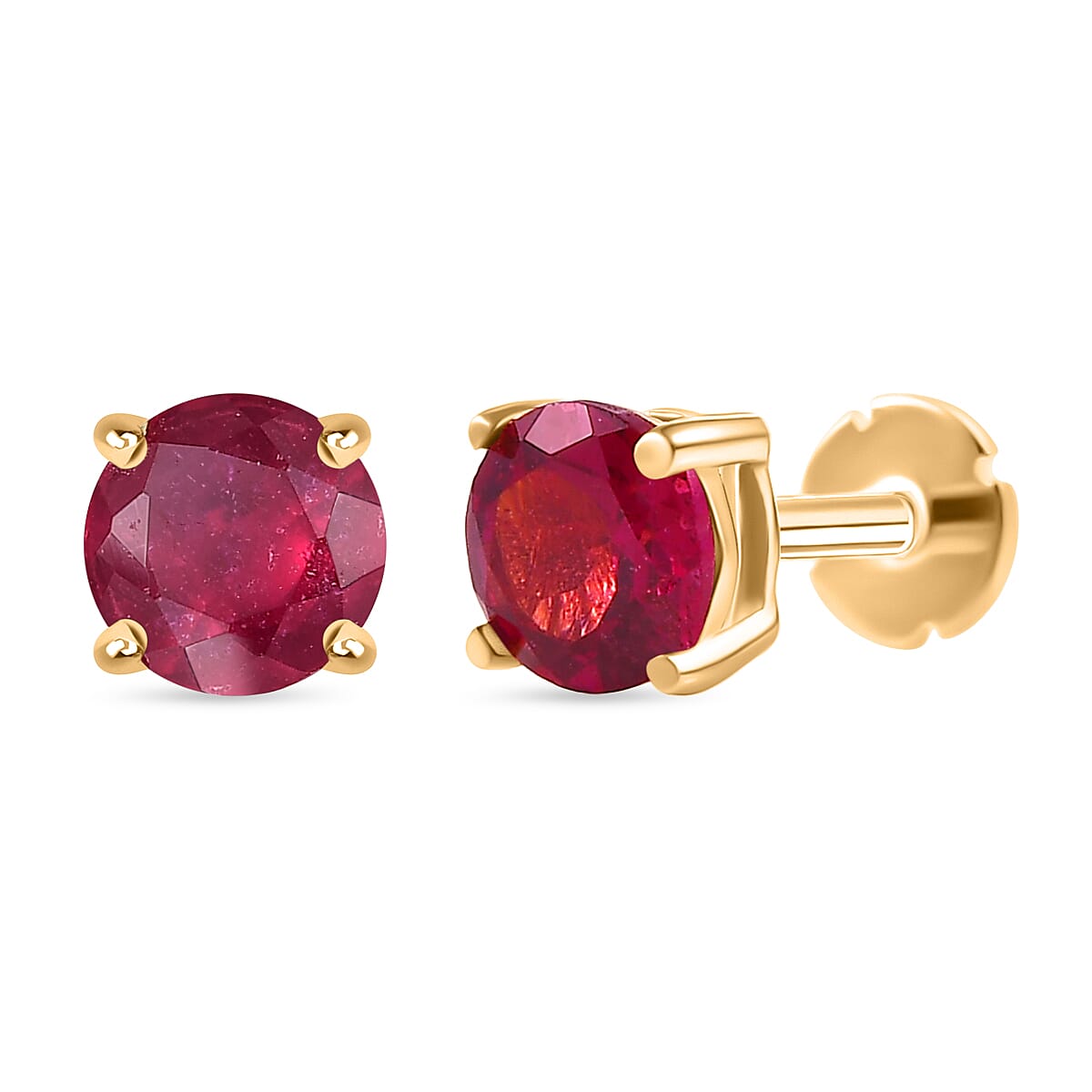 African Ruby Earring with Screw Back in 18K Vermeil Yellow Gold Plated Sterling Silver 1.46 Ct.