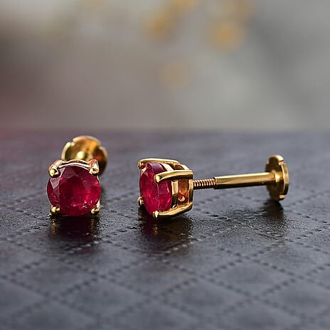 African Ruby Earring with Screw Back in 18K Vermeil Yellow Gold Plated Sterling Silver 1.46 Ct.