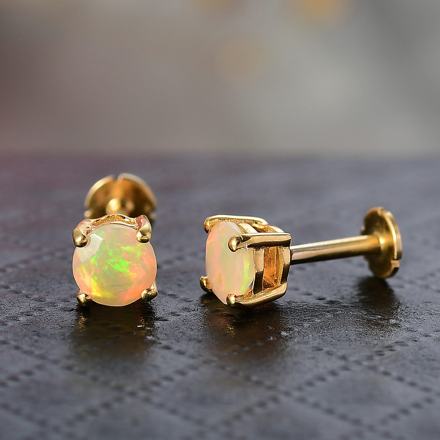 Ethiopian Opal Earring with Screw Back in 18K Vermeil Yellow Gold Plated Sterling Silver