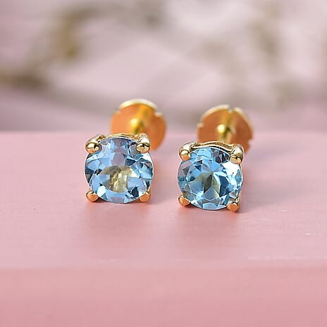 Blue Topaz Earring with Screw Back in 18K Vermeil Yellow Gold Plated Sterling Silver 1.16 Ct.