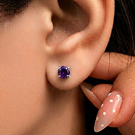 African Amethyst Earring with Screw Back in Rhodium Overlay Sterling Silver