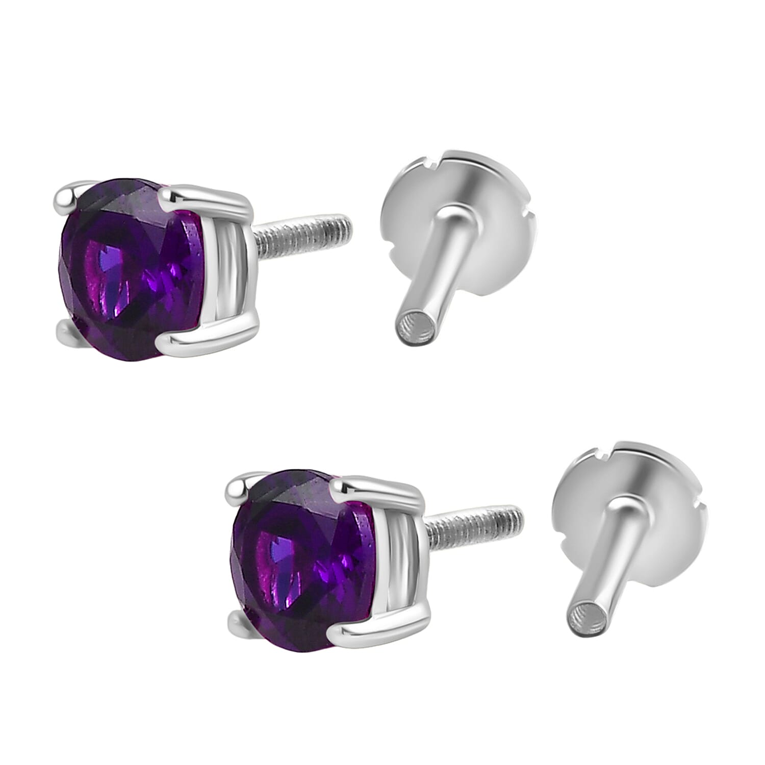African Amethyst Earring with Screw Back in Rhodium Overlay Sterling Silver