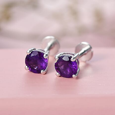 African Amethyst Earring with Screw Back in Rhodium Overlay Sterling Silver