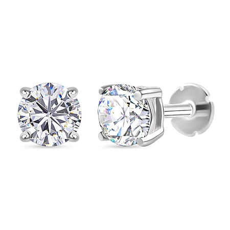 Poke Free Moissanite (5mm) April Birthstone Solitaire Stud Earring in Rhodium Overlay Sterling Silver