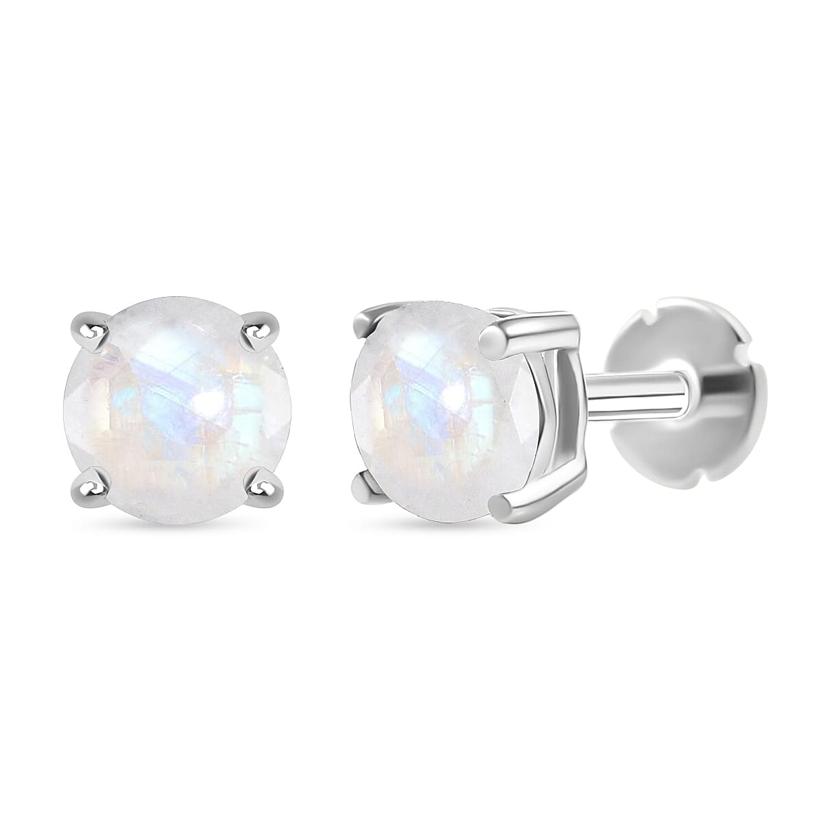 Rainbow Moonstone Earring with Screw Back in Rhodium Overlay Sterling Silver 1.04 Ct.