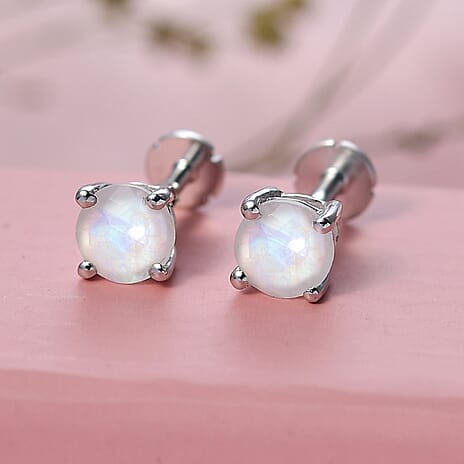 Rainbow Moonstone Earring with Screw Back in Rhodium Overlay Sterling Silver 1.04 Ct.