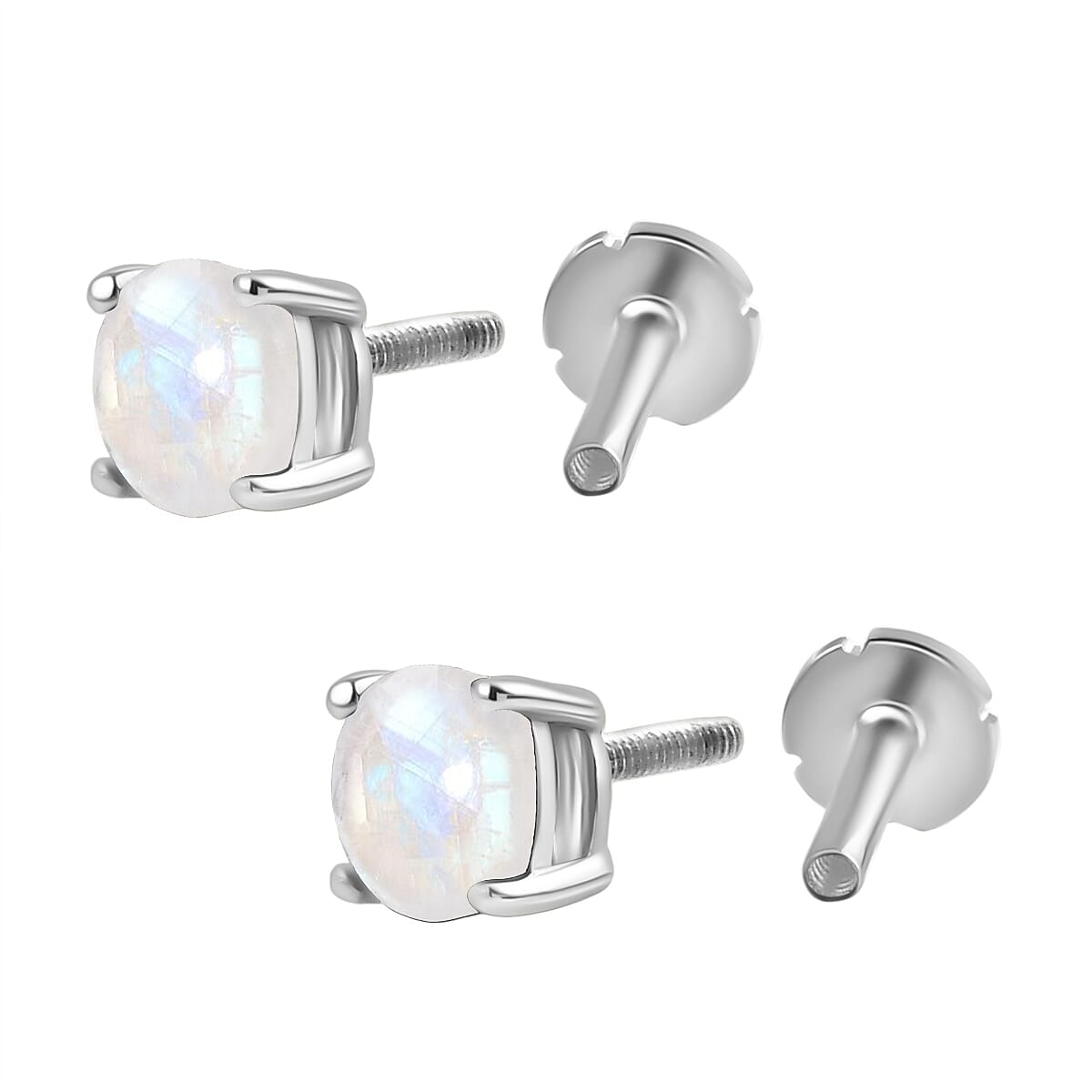 Rainbow Moonstone Earring with Screw Back in Rhodium Overlay Sterling Silver 1.04 Ct.