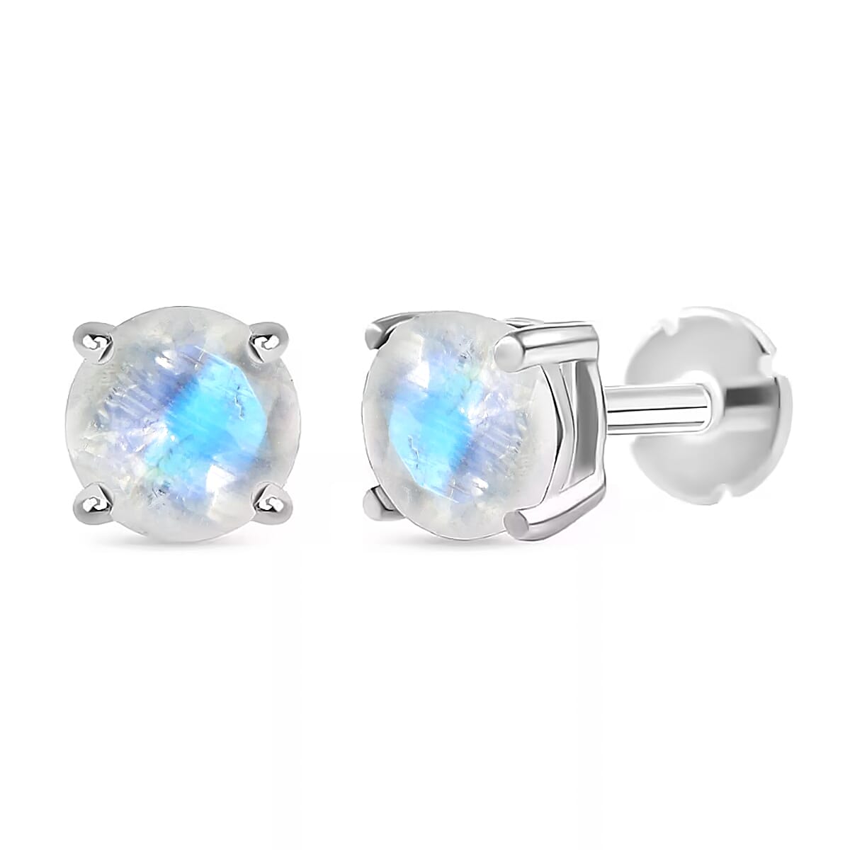 Rainbow Moonstone Earring with Screw Back in Rhodium Overlay Sterling Silver 1.04 Ct.
