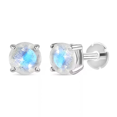Rainbow Moonstone Earring with Screw Back in Rhodium Overlay Sterling Silver 1.04 Ct.