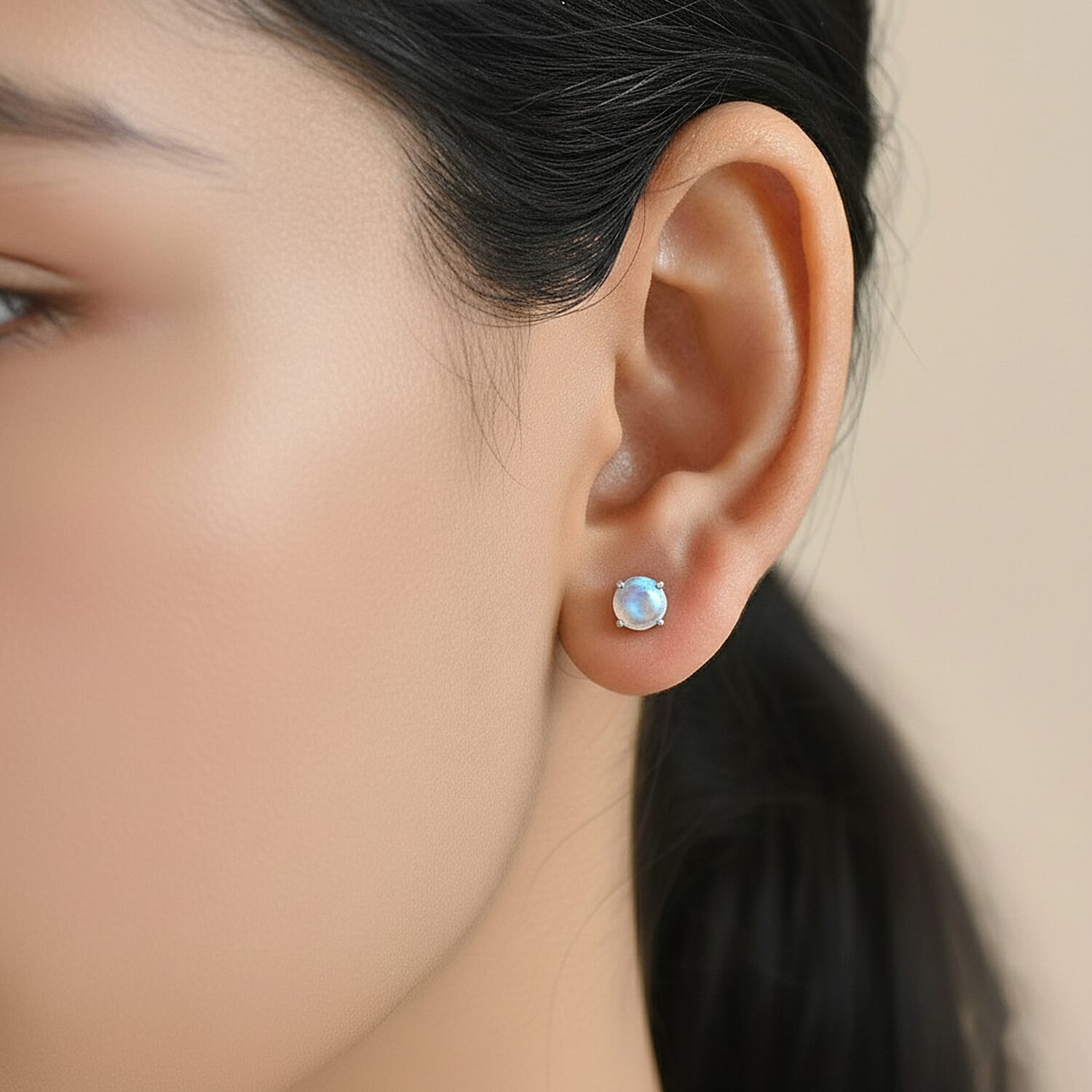 Rainbow Moonstone Earring with Screw Back in Rhodium Overlay Sterling Silver 1.04 Ct.