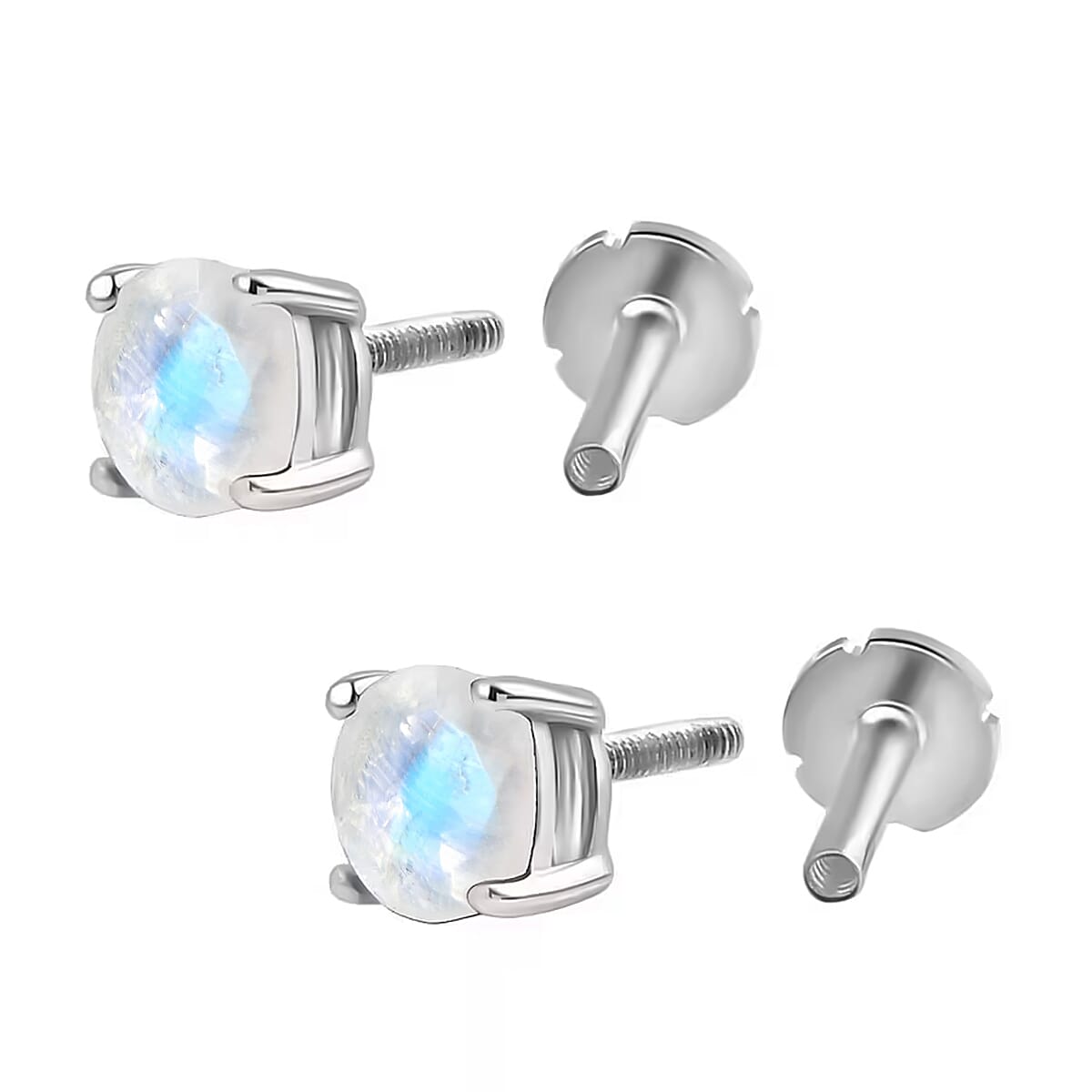 Rainbow Moonstone Earring with Screw Back in Rhodium Overlay Sterling Silver 1.04 Ct.