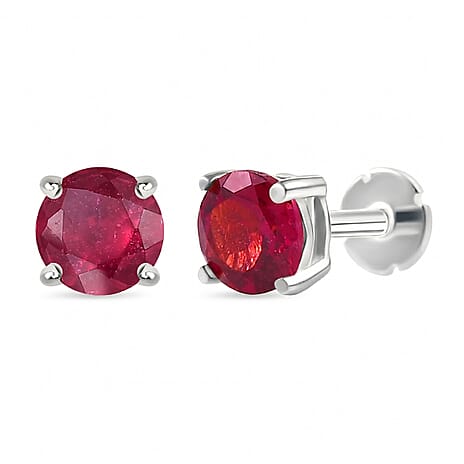 African Ruby Earring with Screw Back in Rhodium Overlay Sterling Silver 1.46 Ct.
