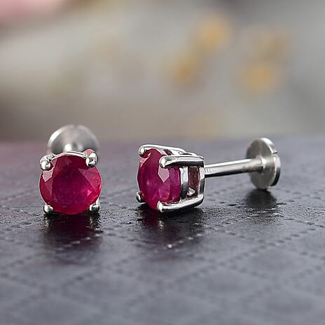 African Ruby Earring with Screw Back in Rhodium Overlay Sterling Silver 1.46 Ct.