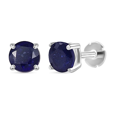 Fissure Filled Blue Sapphire Earring with Screw Back in Rhodium Overlay Sterling Silver 1.51 Ct.