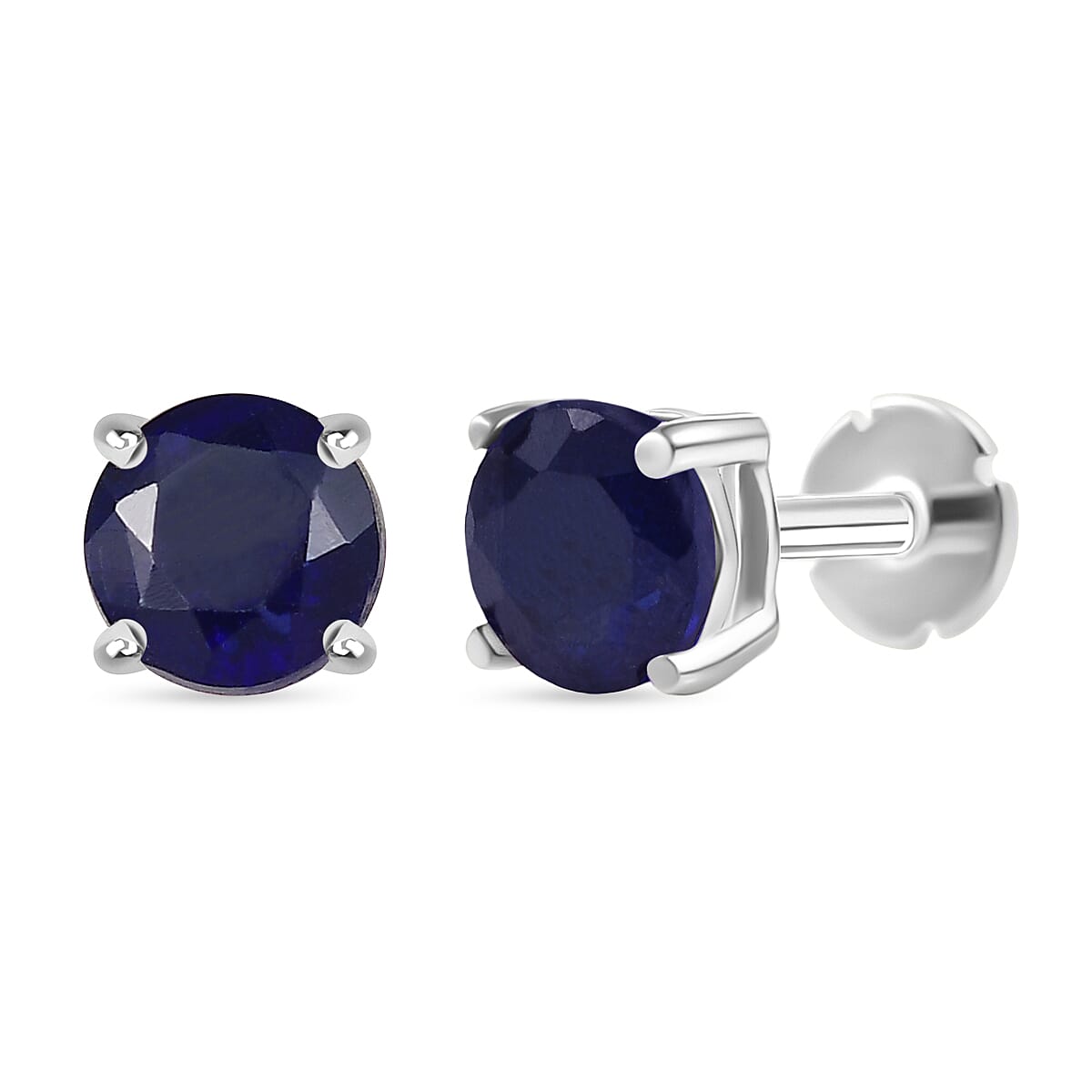 Fissure Filled Blue Sapphire Earring with Screw Back in Rhodium Overlay Sterling Silver 1.51 Ct.