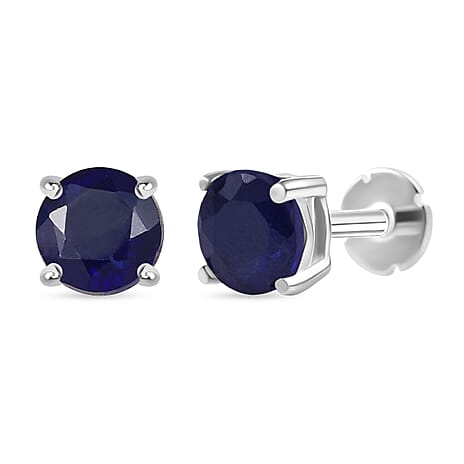 Fissure Filled Blue Sapphire Earring with Screw Back in Rhodium Overlay Sterling Silver 1.51 Ct.