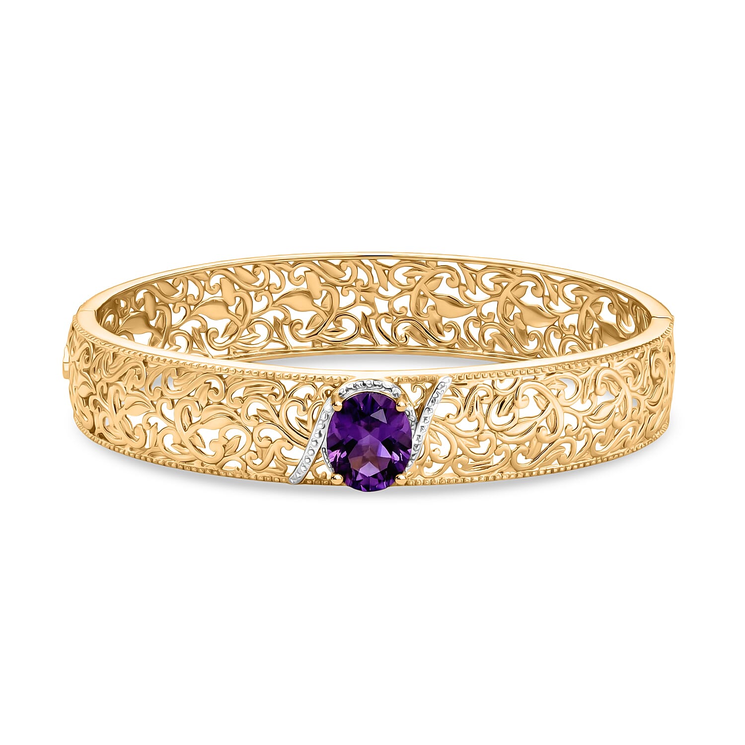 EverTrue African Amethyst Bangle (Size - 7.5) in Yellow Gold Tone 4.58 Ct.