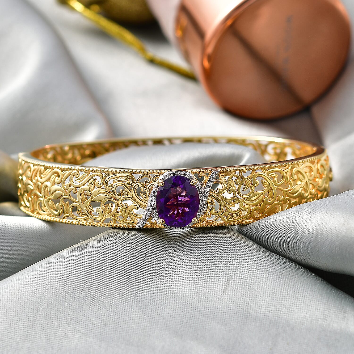 EverTrue African Amethyst Bangle (Size - 7.5) in Yellow Gold Tone 4.58 Ct.
