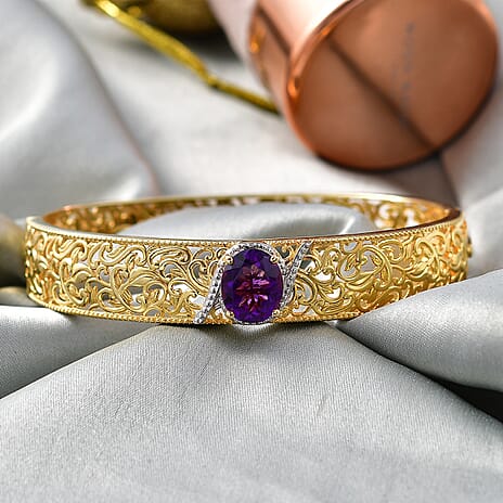 EverTrue African Amethyst Bangle (Size - 7.5) in Yellow Gold Tone 4.58 Ct.