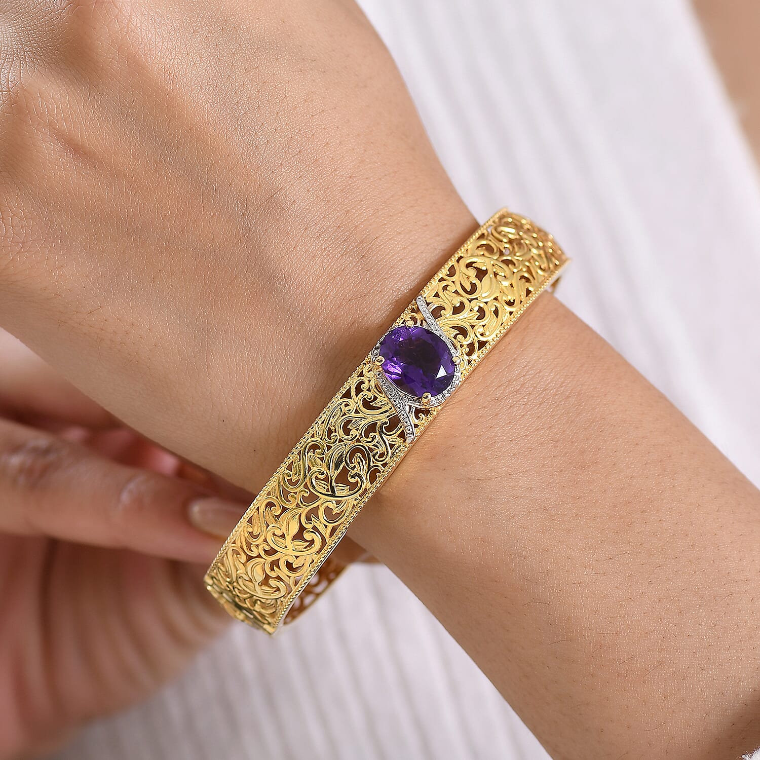 EverTrue African Amethyst Bangle (Size - 7.5) in Yellow Gold Tone 4.58 Ct.