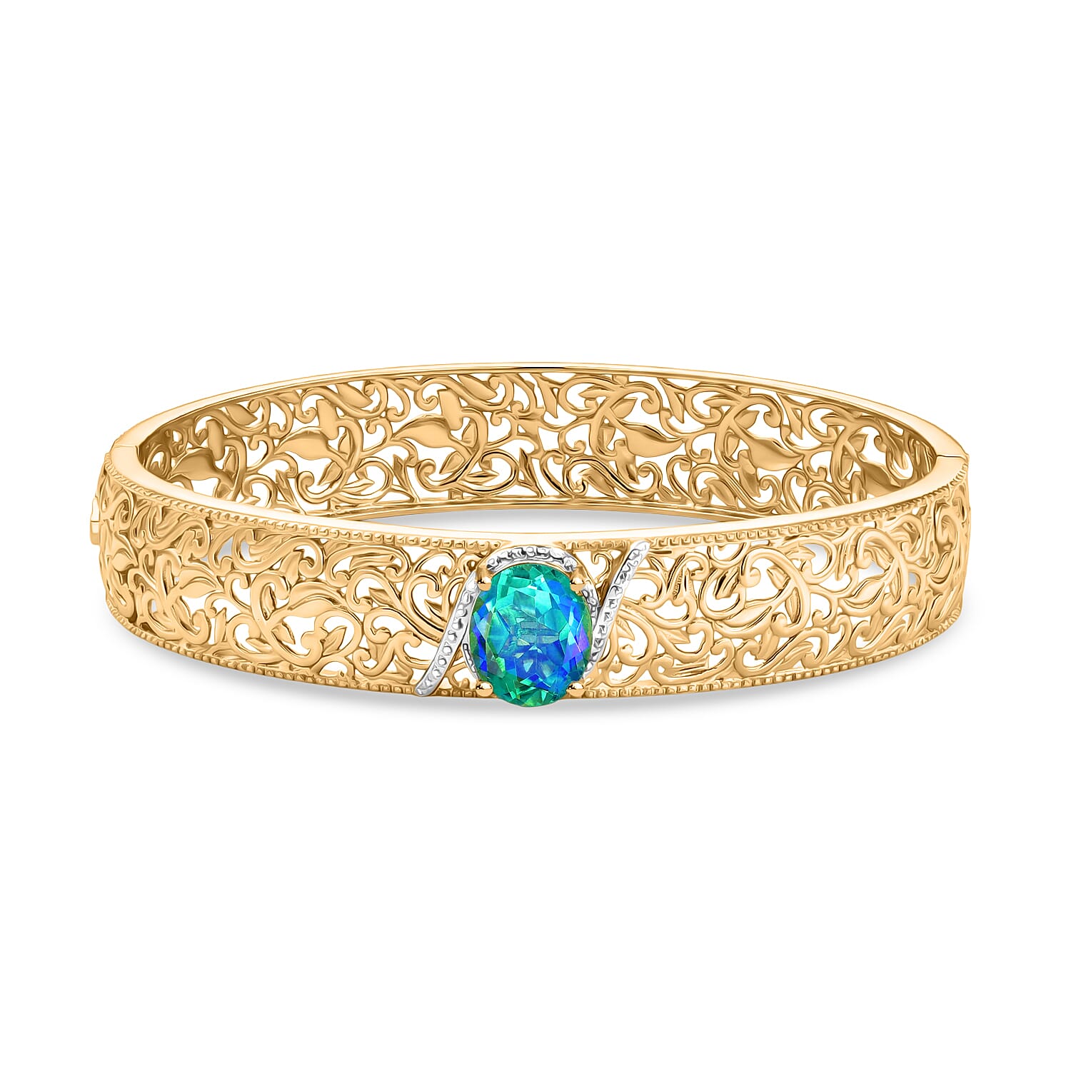 EverTrue Peacock Triplet Quartz Full Bangle (Size-7.5) in Yellow Gold Tone 5.36 Ct.